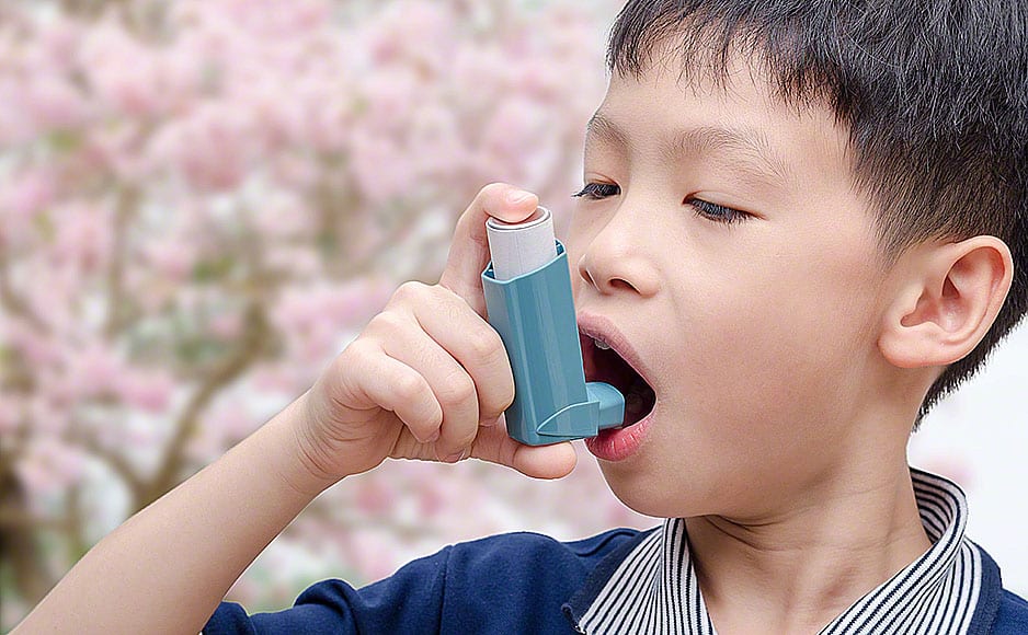 Asian boy using inhaler for asthma from flower pollen