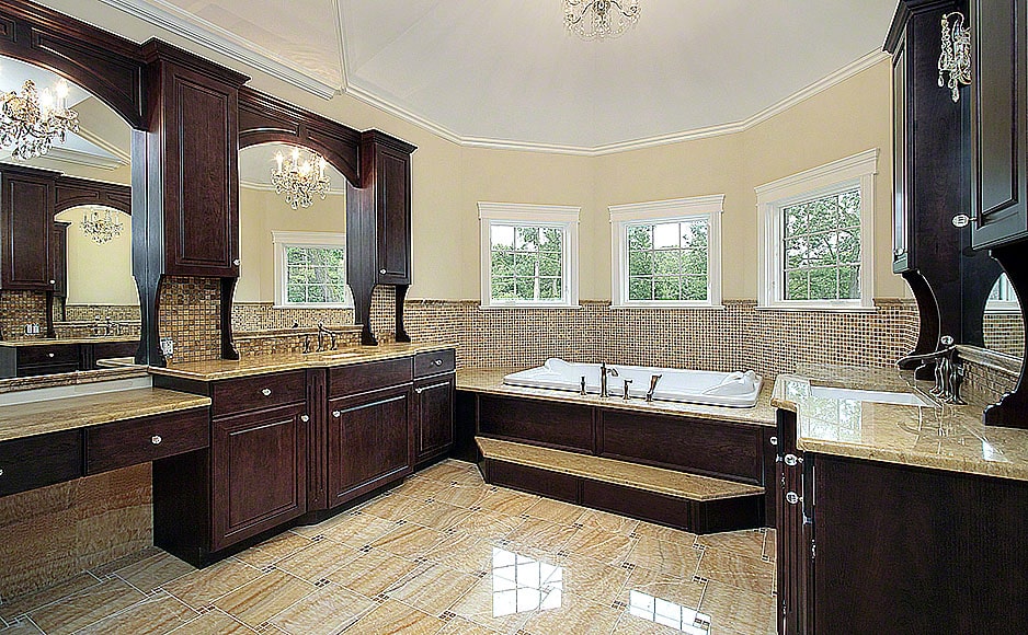 Master bath with dark wood cabinetry