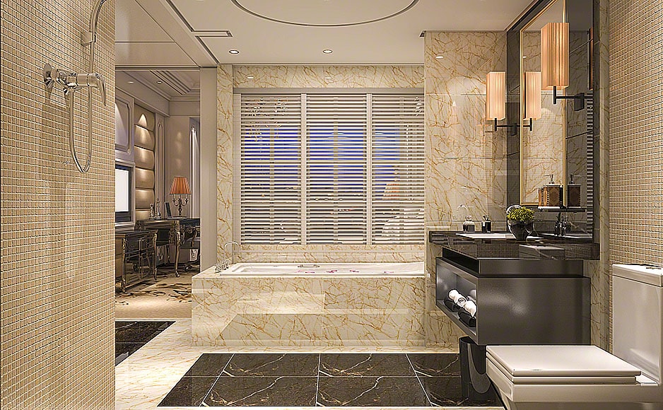 3d rendering modern and classic loft bathroom with luxury tile decor
